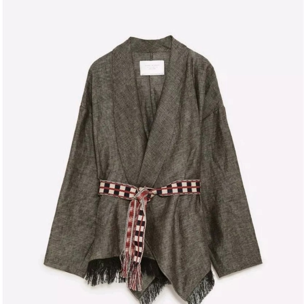 ZARA Linen Oversized Boho Kimono Wrap Cardigan Blazer Jacket Brown S
